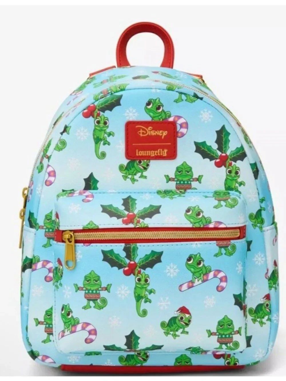 Loungefly Tangled Rapunzel Pascal Holiday Christmas Blue Mini Backpack AOP NWT